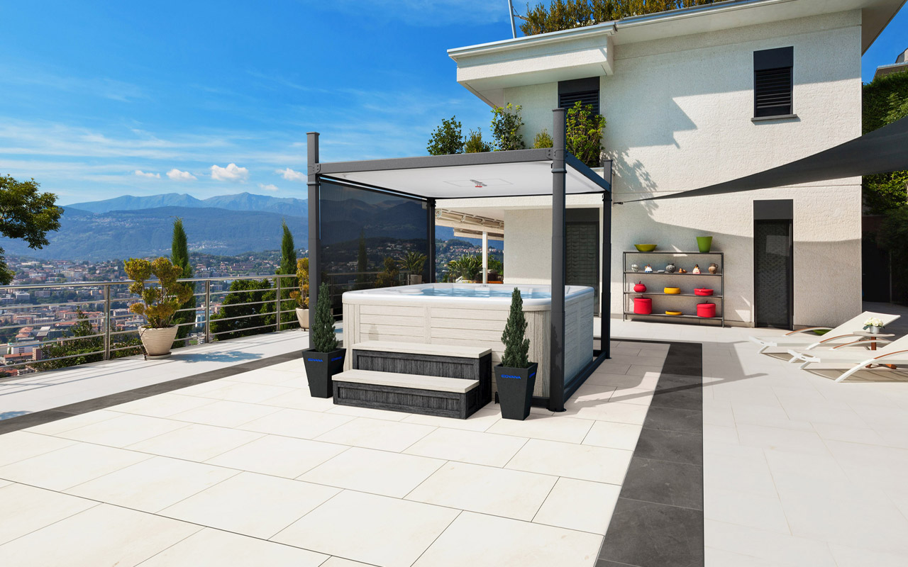 Covana Evolution automated spa cover on a modern patio
