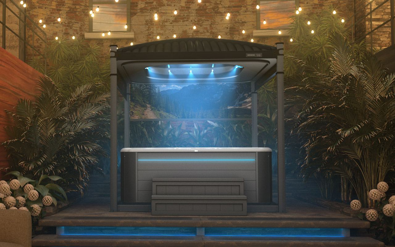 Covana Oasis Midnight automated spa cover with blue LED lighting