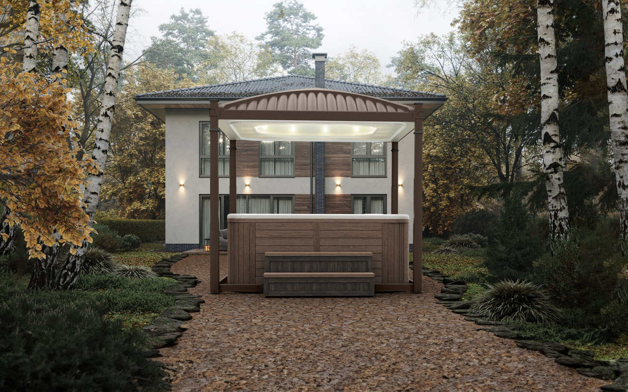 Covana Oasis automated spa cover in a garden setting