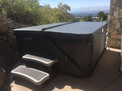 Hot tub with mountain view